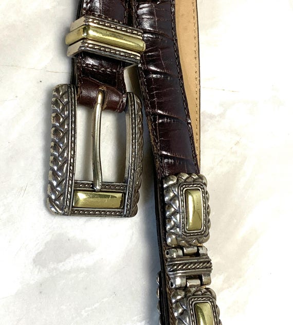 Vintage Brighton Leather Belt: Embossed Brass & Silver Tone  display picture 1