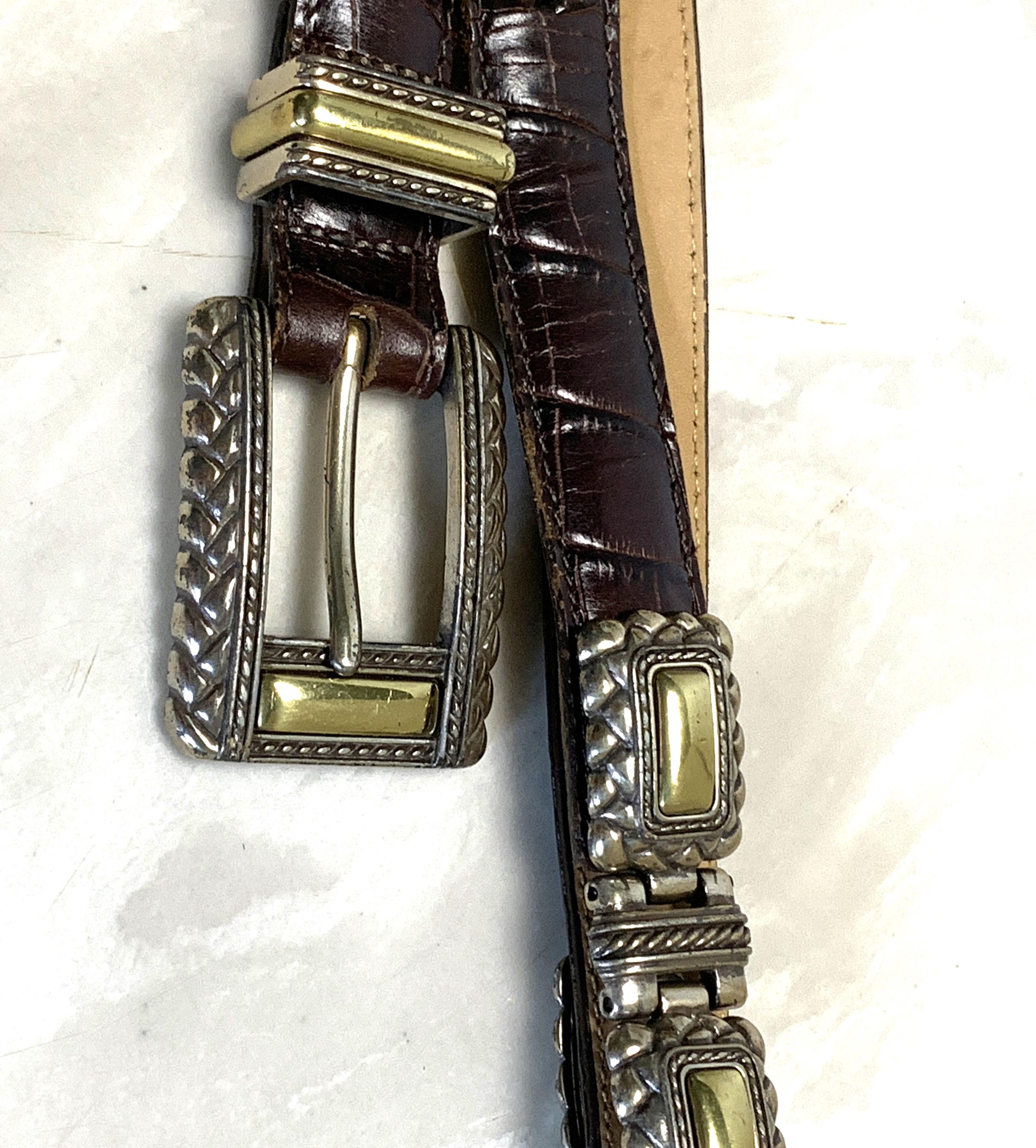 Vintage Brighton Leather Belt: Embossed Brass & Silver Tone  display picture 1