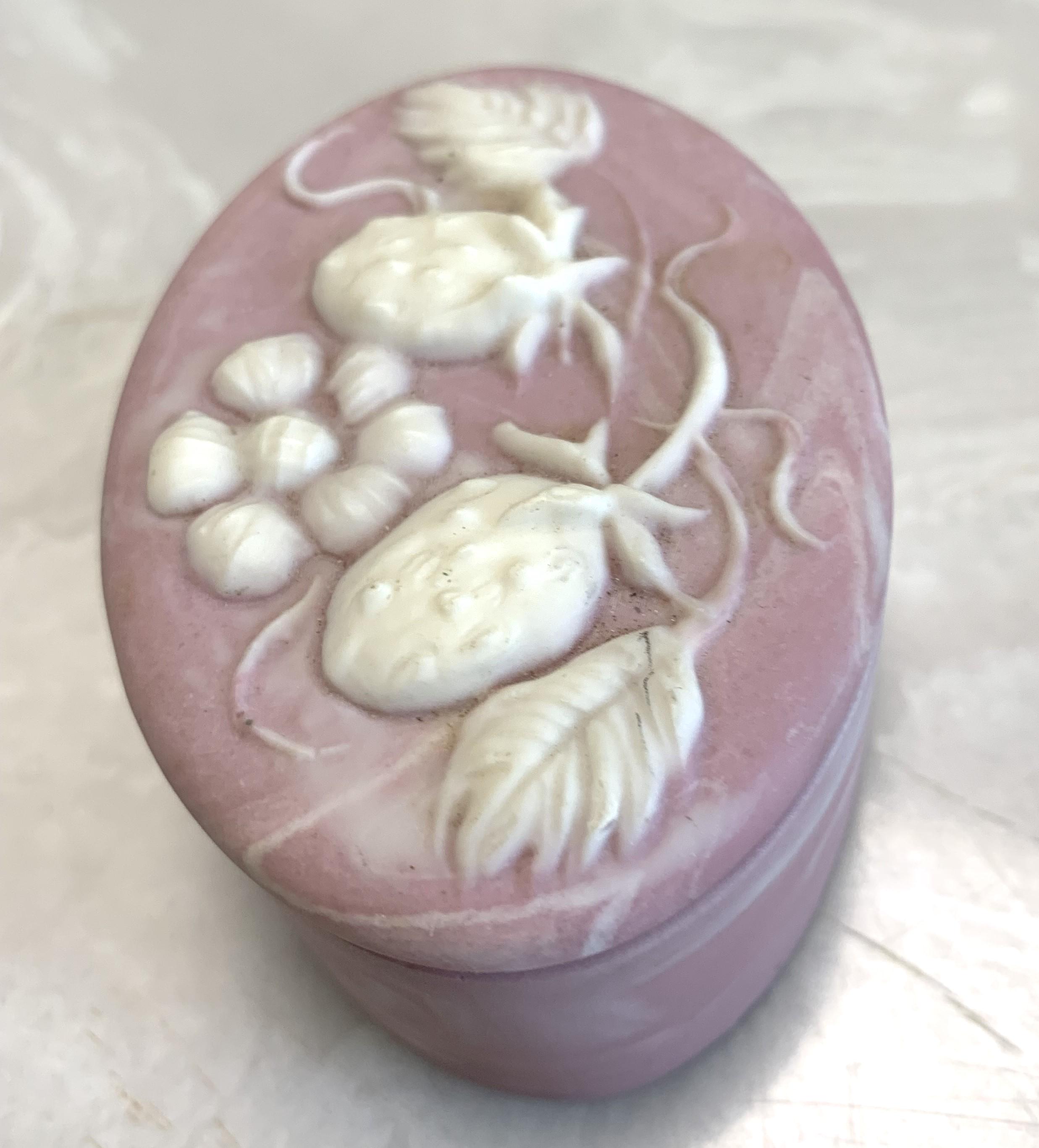 Incolay Stone Trinket Box: Strawberry Relief Carving, Pink & White
