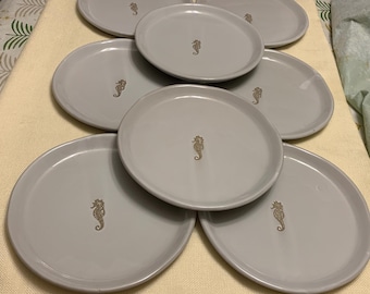 Vintage TAG Stoneware Etched Seahorse Plates, Set of 8 Gray Beach House Decor NOS