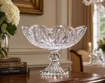 Vintage American Brilliant Crystal Pedestal Compote Etched Birds and Leaves 7" x 7"