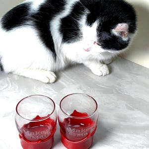 May include: Two clear glass shot glasses with red liquid and red bases. The glasses have the words "Make Me" printed on them. A black and white cat is in the background.