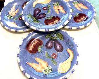 2001 Hausenware Pottery Dinnerware Set of 4 Plates Vegetable Pattern Blue/White NOS