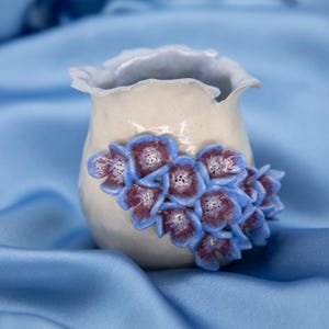 Handmade Ceramic Mini Vase: Blue Hydrangea Floral Design, Feminist Self-love Quote