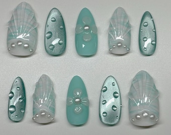 Mermaid Press On Nails | Seashell 3D Pearl Nails | Ocean Blue Beachcore Nail Set | Handmade Reusable Glue On Nails