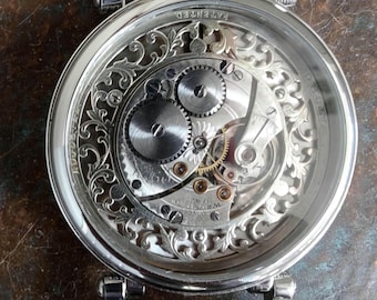 Waltham 1912, 17J, *Mycket sällsynt* Rubinfärgad äktenskaps-/konverteringsklocka, 44 mm, läderarmband, fantastiskt urverk