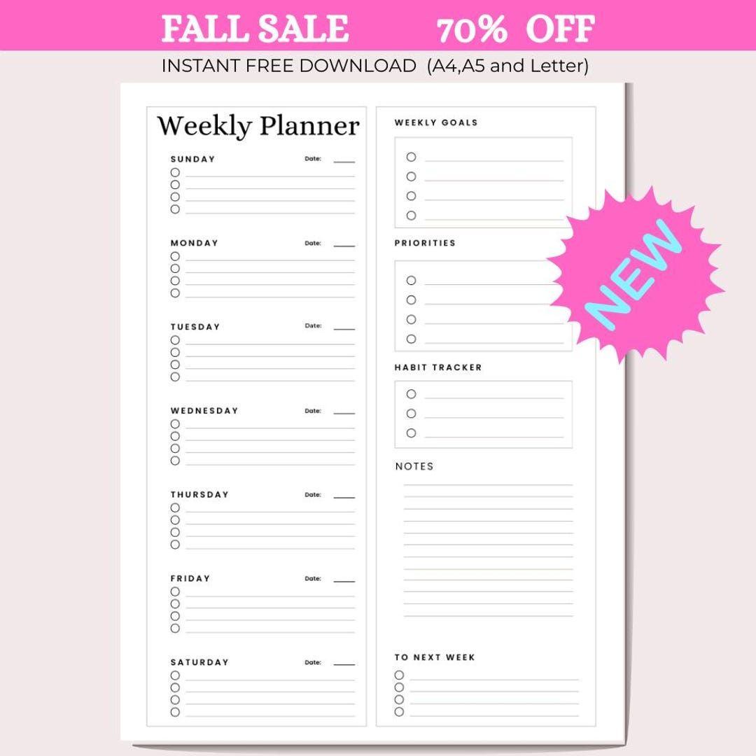 Minimalist Weekly Planner Printable | Undated Productivity Organizer ...