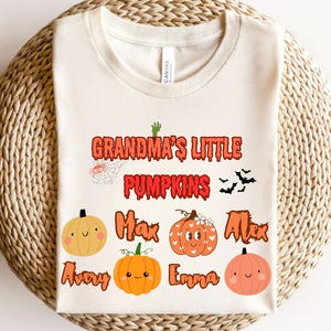 Personalized Grandma&#39;s Little Pumpkins Shirt: Custom Nickname, Fall Halloween Organic Cotton Tee