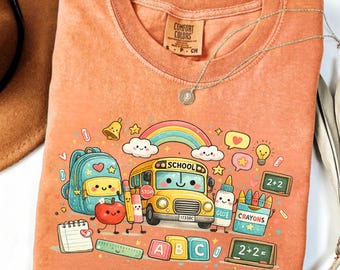 School Bus Backpack Apple Crayons Tee, Back To School Comfort Colors Shirt