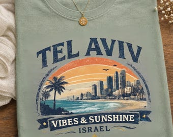 Tel Aviv Israel Retro Beach T-Shirt, Coastal Skyline Graphic Tee, Travel Souvenir
