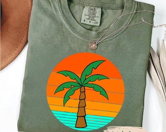 Retro Palm Tree Sunset Shirt, Comfort Colors Organic Cotton Tee