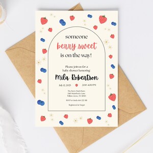 Zoete babyshoweruitnodiging met bessen | Bewerkbare baby showeruitnodiging aardbei | Sjabloon babyshower meisje | Direct downloaden