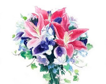 Spring Wedding Bouquet painting, Bridal Bouquet Painting, watercolor flower art, wedding bouquet