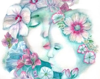 Original watercolor painting "Love Bond", mother's day painting, mother and daughter, love artwork