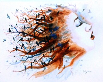 11x15" acuarela pintura "Mindfulness" - retrato de personalidad, inquietante, etéreo, ramas de los árboles, pájaros, retrato, arte de la moda, arte nupcial