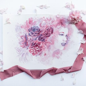Pink flower portrait, Watercolor painting &quot;Expectation&quot;, bridal portrait, fantasy portrait, watercolor portrait