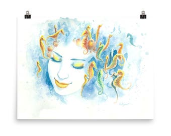 Coral Reef print, Print of "Ingenue", watercolor print, watercolor seahorse art, seahorse print, ocean artwork