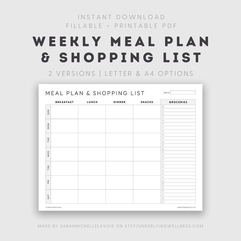 Weekly Meal Plan &amp; Shopping List Template, Horizontal, Two Versions, Letter/a4 Sizes, Instant ...