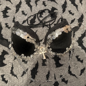 Gothic velvet and lace dark fusion belly dance bra tribal belly dance bra with ankhs