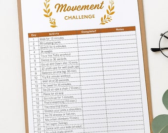 Reto de movimiento de 30 días: Seguimiento de actividad física imprimible para objetivos diarios de ejercicio (principiante)