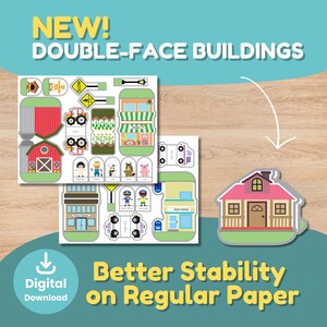 Op de afbeelding: Een kleurrijke digitale download met dubbelzijdige gebouwuitsparingen. De afbeelding bevat een schuur, markt, politiebureau en postkantoor, samen met verschillende personages en voertuigen. Tekst luidt "NEW! DOUBLE-FACE BUILDINGS" en "Better Stability on Regular Paper."
