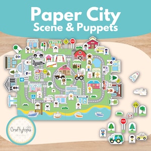 Puede incluir: Un colorido juego de Paper City Scene & Puppets. La escena incluye carreteras, edificios, vehículos y personas. Los recortes adicionales incluyen árboles, señales y vehículos. El logotipo de Craftytopia Creations está en la imagen.