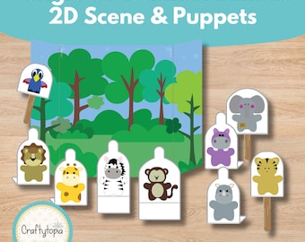 Fantoches de Animais da Selva | Cenário para Imprimir, Artesanato Infantil (Download Digital)