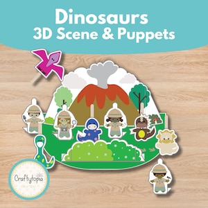 Dinosaur Paper Puppets Scene Printable | 3D Volcano Craft for Kids | Dino Storytelling Activity | Pretend Play Props | STEM Learning Fun