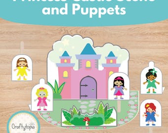 Puede incluir: Un conjunto de escena de castillo de princesa y marionetas. La escena presenta un castillo rosa con una puerta morada, hierba verde y una seta roja. Se incluyen cinco marionetas de princesas con diferentes vestidos. El texto "Princess Castle Scene and Puppets" está en la parte superior.