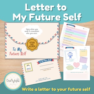 May include: A stationery set with the text "Letter to My Future Self." The set includes an envelope, a card with prompts, and a card with fill-in-the-blank sections. The envelope has a gold seal and the words "Future Mail Delivery."