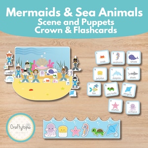 Mermaid Puppet Printable | Ocean Animals Crowns & Flashcards | Sea Life Craft for Kids | Underwater Scene | Scavenger Hunt |Storytelling Set