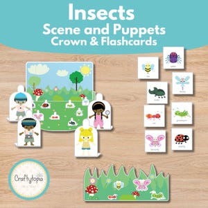 Insects Scene & Puppets Printable |Bug Flashcards for Kids |Nature Scene | Crown Craft Activity | Homeschool Science Game | Storytelling Set