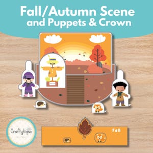 Può includere: Un set di marionette e corone a tema autunnale con uno sfondo di una scena autunnale. Il set include uno spaventapasseri, due bambini, una volpe e un riccio. Il testo "Fall/Autumn Scene and Puppets & Crown" è in alto.