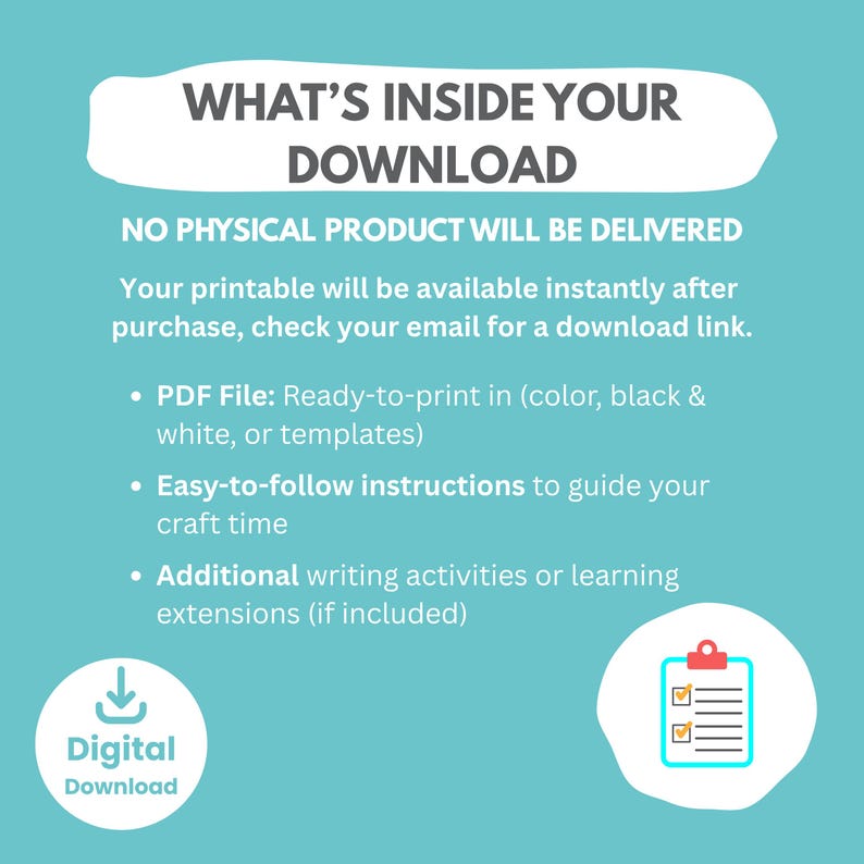 Op de afbeelding: Een turquoise afbeelding met de tekst "WAT ZIT ER IN UW DOWNLOAD" en details over het digitale product. Bevat een PDF-bestand, instructies en schrijfactiviteiten. Onderaan staat een pictogram voor "Digitale download".