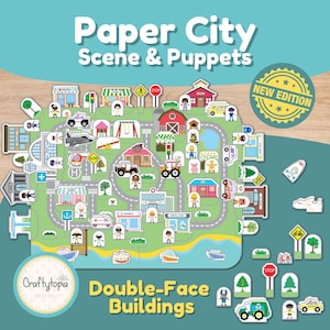 Op de afbeelding: Een kleurrijke Paper City Scene & Puppets speelset met dubbelzijdige gebouwen. De set bevat een stadsplattegrond met wegen, gebouwen, voertuigen en mensen. De woorden "Paper City Scene & Puppets" en "Double-Face Buildings" worden weergegeven.