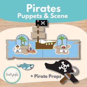 Könnte beinhalten: Ein Piraten-Themenspielset mit dem Text "Pirates Puppets & Scene". Das Set enthält ein Piratenschiff, Inseln mit Palmen, Piratenfiguren, einen Hai, einen Piratenhut und einen Haken. Das Set ist für fantasievolles Spielen konzipiert.