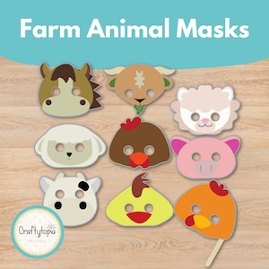 May include: A collection of nine farm animal masks, including a horse, cow, sheep, pig, and chicken. The masks are colorful and cartoon-like, with eye holes for wearing. The words "Farm Animal Masks" are at the top of the image.