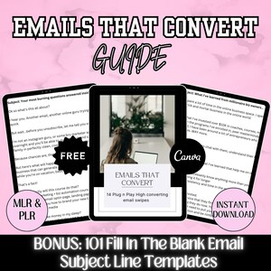 May include: A digital marketing guide titled "Emails That Convert" with the word "Guide" in a stylized font. The image includes a tablet displaying the guide's content, a "Free" badge, and a "Canva" logo. The guide promises high-converting email swipes.