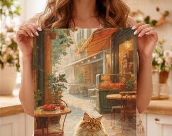 Cafetería Vintage - Paño de cocina con diseño de gato, paño de cocina rústico con diseño de gato, decoración cottagecore, paño de cocina de estilo vintage, diseño acogedor de gato de cafetería, cocina de granja