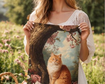 Ręcznik kuchenny z motywem kwiatowym i kotem, wystrój Cottagecore, sztuka inspirowana kotami w stylu vintage, ręcznik kuchenny w stylu rustykalnym, prezent w stylu shabby chic