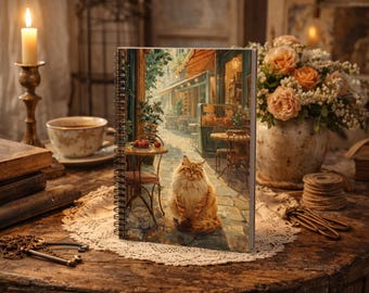 Vintage Cafe Cat Notebook, Cottagecore Journal, Warm Rustic Aesthetic, Soft Cozy Stationery