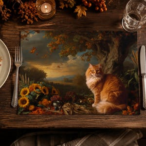 Peut inclure: Un set de table rectangulaire orné d'une scène paysagère imprimée représentant un chat roux au pelage fourni assis dans un champ de tournesols et de feuillages d'automne sous un ciel nuageux, placé sur une table en bois entre une fourchette et un couteau.