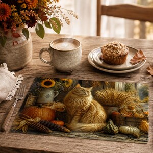 May include: A rectangular placemat featuring a printed illustration of a fluffy orange cat sitting among pumpkins, sunflowers, and wheat stalks. The scene includes a rustic wooden crate and a ceramic pitcher, capturing a harvest theme with warm autumn colours.