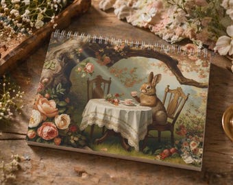 Bunny Tea Party Notebook, Cottagecore Journal, Vintage Floral Rabbit, Rustic Shabby Chic Notebook