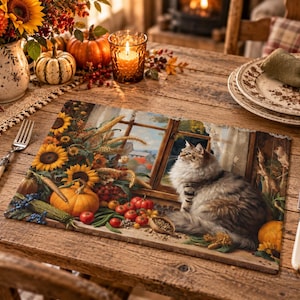 May include: A rectangular placemat featuring a printed illustration of a fluffy long-haired cat sitting near a window. The scene includes a harvest theme with sunflowers, pumpkins, tomatoes, green beans, and wheat stalks arranged on a wooden surface.