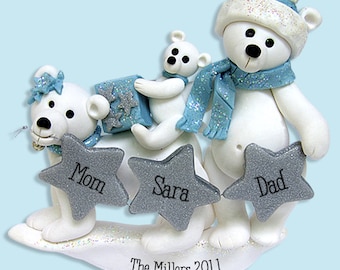 Polar Bear Family of 3,  HANDMADE Polymer Clay Personalized Christmas Family Ornament