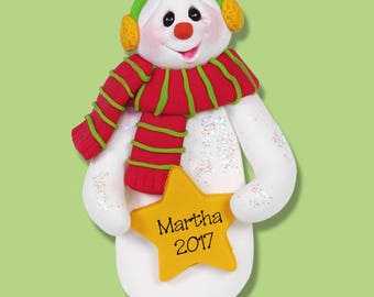 Snowman with Star Handmade Polymer Clay Personalized Ornament - Limited Edition