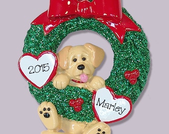 Personalized Christmas Ornaments - Personalized Dog Ornaments - Yellow Labrador Retriever PUPPY DOG  Hanging in Wreath - Yellow Lab Ornament