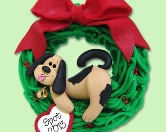 PUPPY DOG Laying in Wreath HANDMADE Polymer Clay Personalized Christmas Ornament