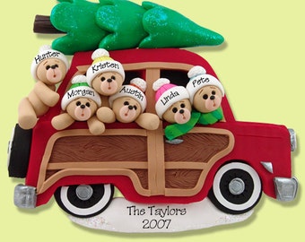 Belly Bear Family of 6 in Woody Wagon, HANDMADE POLYMER CLAY,  Personalized Christmas Ornament